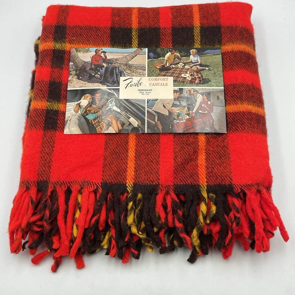 Vintage 1960s-1970s Faribo Glengary Plaid Acrylic Blanket 50x60 USA Fringe